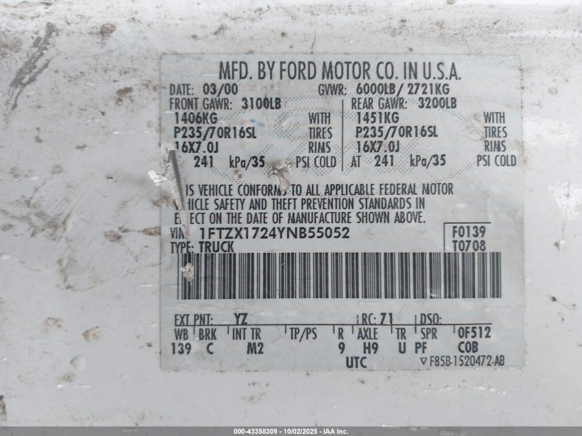 2000 Ford F-150 Work Series/Xl/Xlt VIN: 1FTZX1724YNB55052 Lot: 43358309
