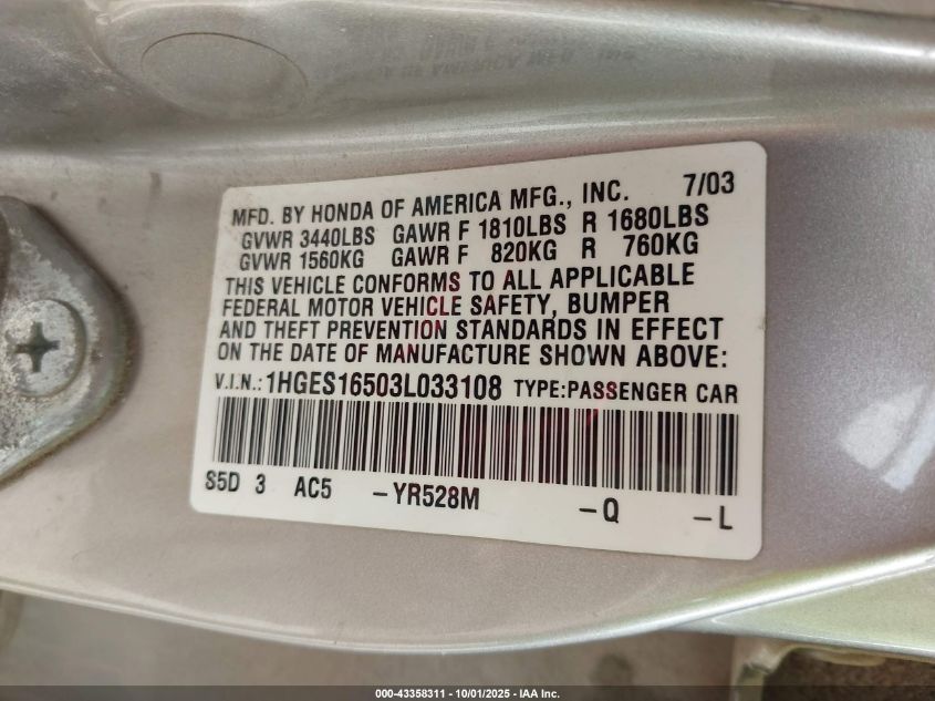2003 Honda Civic Lx VIN: 1HGES16503L033108 Lot: 43358311