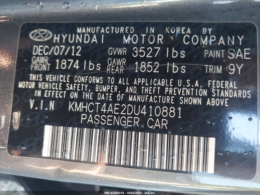 2013 Hyundai Accent Gls VIN: KMHCT4AE2DU410881 Lot: 43358319