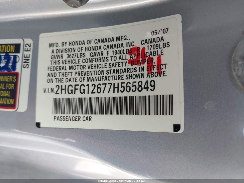 2007 Honda Civic Lx VIN: 2HGFG12677H565849 Lot: 43358331