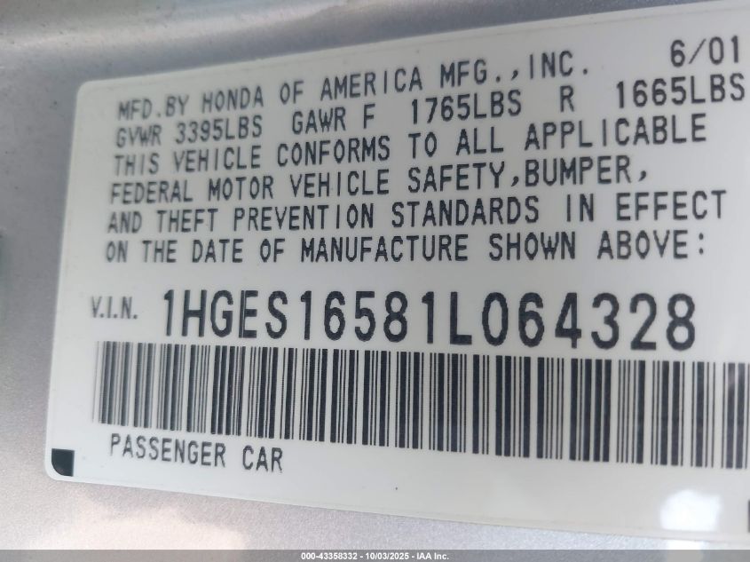 2001 Honda Civic Lx VIN: 1HGES16581L064328 Lot: 43358332