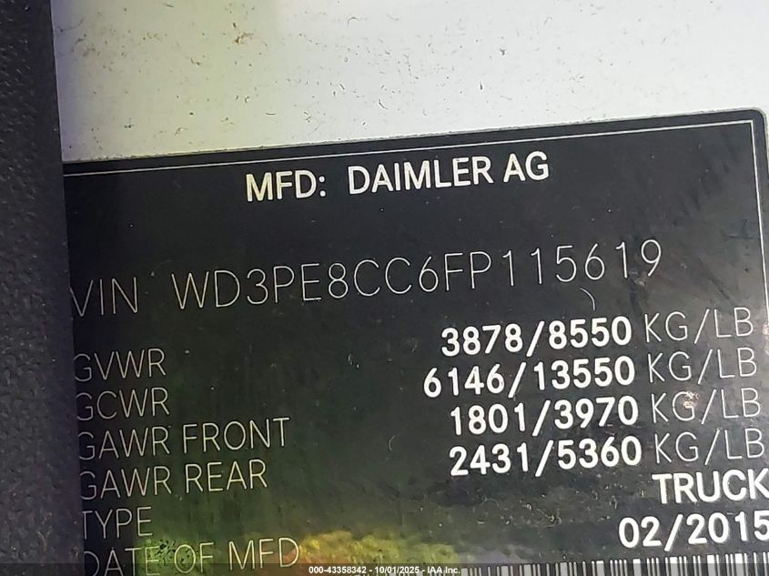 2015 Mercedes-Benz Sprinter 2500 High Roof VIN: WD3PE8CC6FP115619 Lot: 43358342