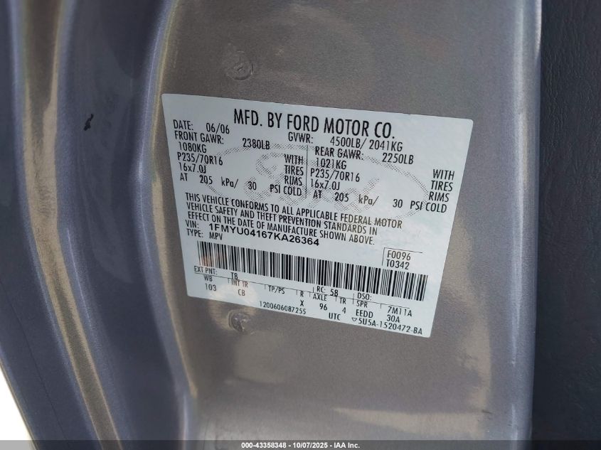 2007 Ford Escape Limited VIN: 1FMYU04167KA26364 Lot: 43358348