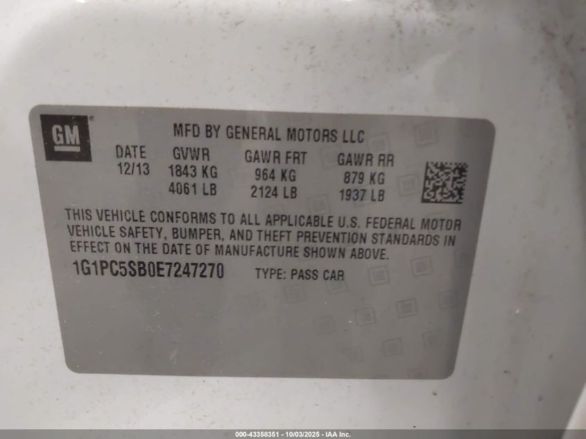 2014 Chevrolet Cruze 1Lt Auto VIN: 1G1PC5SB0E7247270 Lot: 43358351