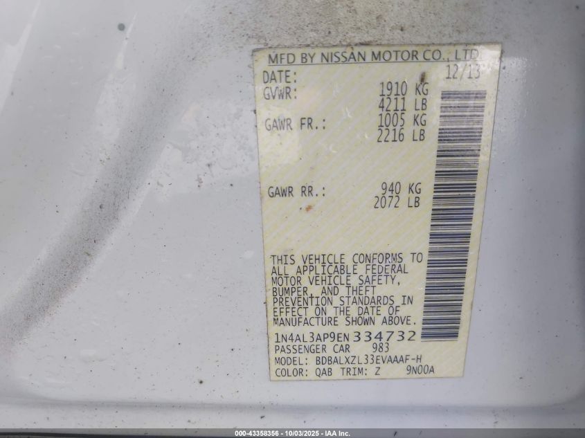 2014 Nissan Altima 2.5 Sl VIN: 1N4AL3AP9EN334732 Lot: 43358356