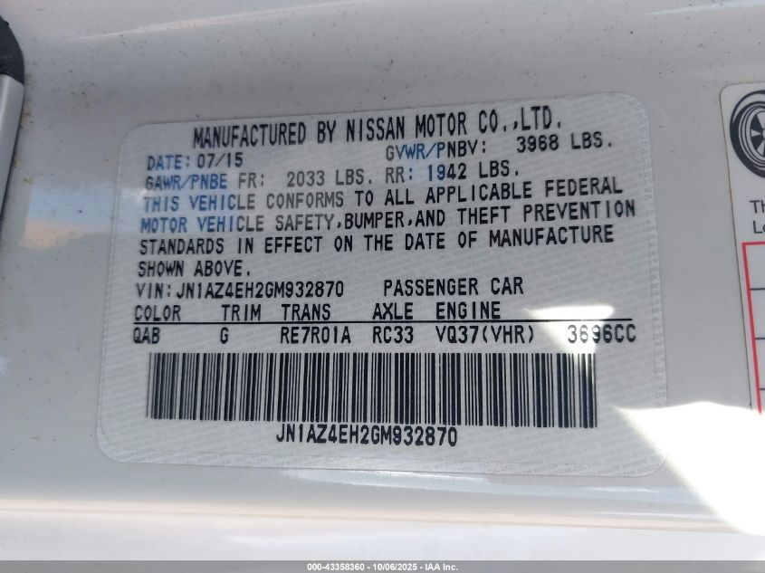 2016 Nissan 370Z Touring VIN: JN1AZ4EH2GM932870 Lot: 43358360