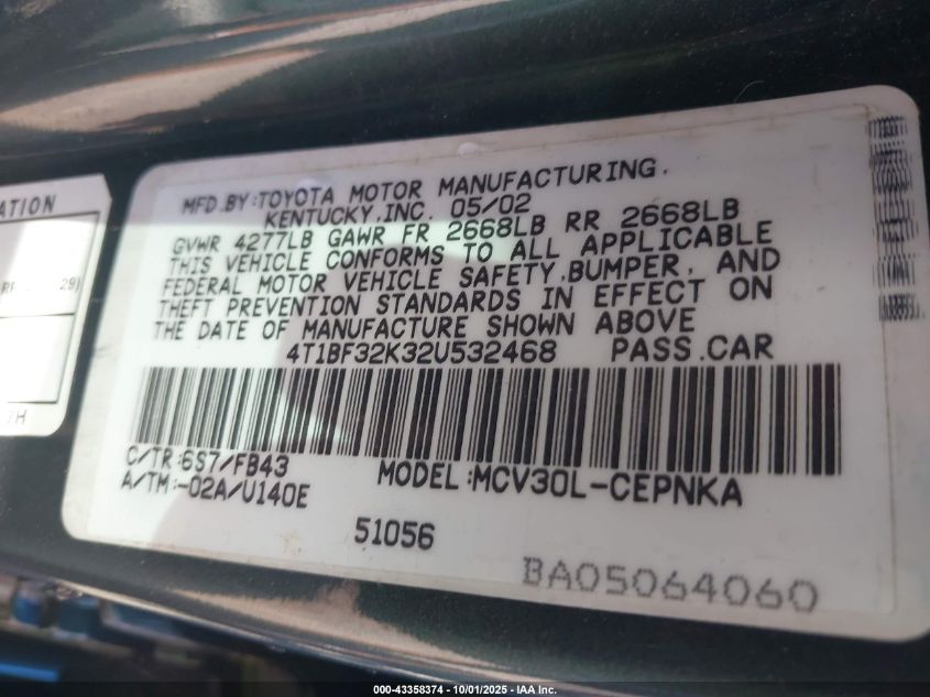 2002 Toyota Camry Le V6 VIN: 4T1BF32K32U532468 Lot: 43358374