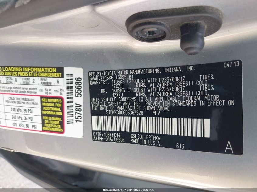 2013 Toyota Sienna Le V6 8 Passenger VIN: 5TDKK3DC6DS367528 Lot: 43358375