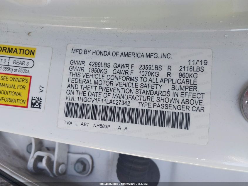 2020 Honda Accord Lx VIN: 1HGCV1F11LA027342 Lot: 43358389