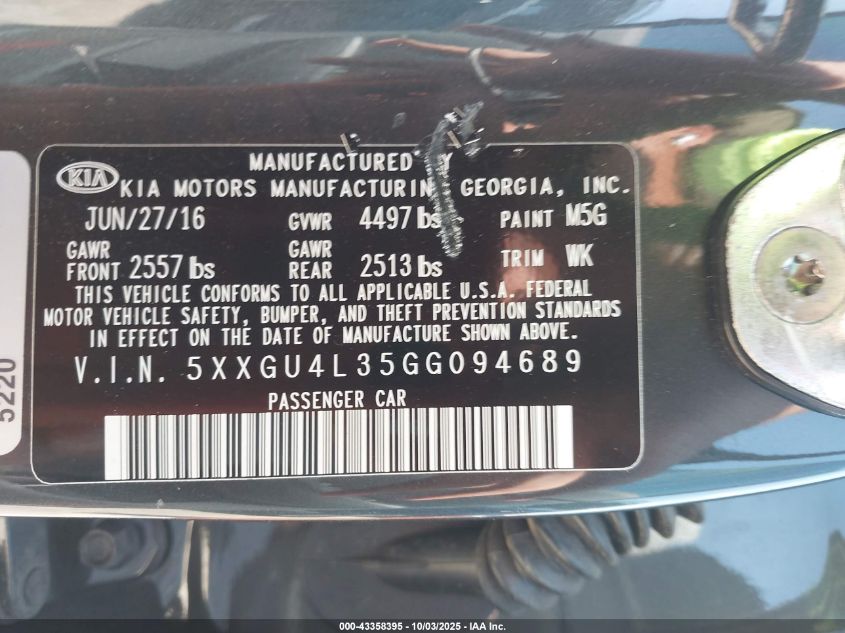 2016 Kia Optima Ex VIN: 5XXGU4L35GG094689 Lot: 43358395