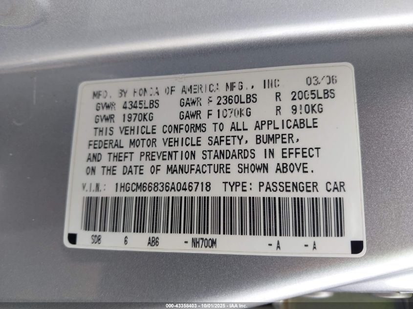 2006 Honda Accord 3.0 Ex VIN: 1HGCM66836A046718 Lot: 43358403