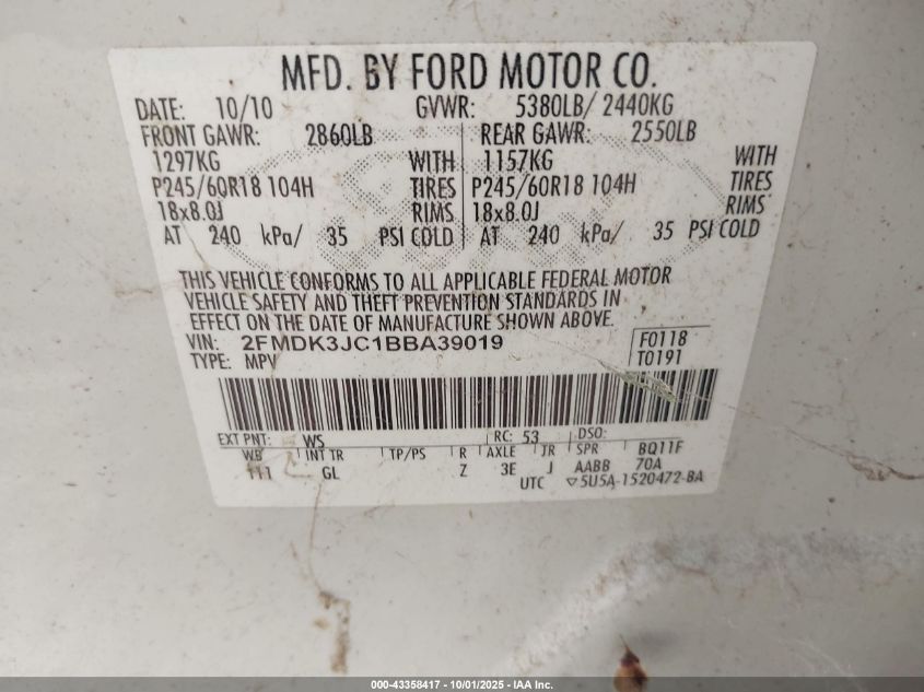 2011 Ford Edge Sel VIN: 2FMDK3JC1BBA39019 Lot: 43358417