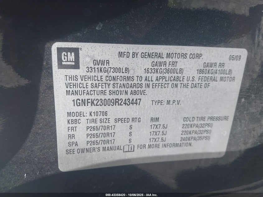 2009 Chevrolet Tahoe Lt2 VIN: 1GNFK23009R243447 Lot: 43358420