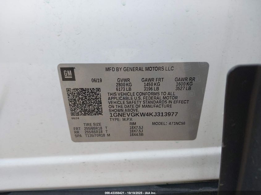 2019 Chevrolet Traverse 1Lt VIN: 1GNEVGKW4KJ313977 Lot: 43358421