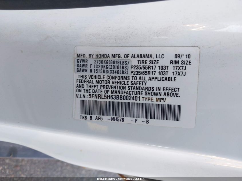 2011 Honda Odyssey Ex-L VIN: 5FNRL5H63BB002401 Lot: 43358422