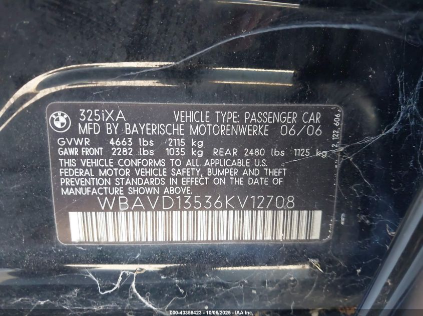 2006 BMW 325Xi VIN: WBAVD13536KV12708 Lot: 43358423
