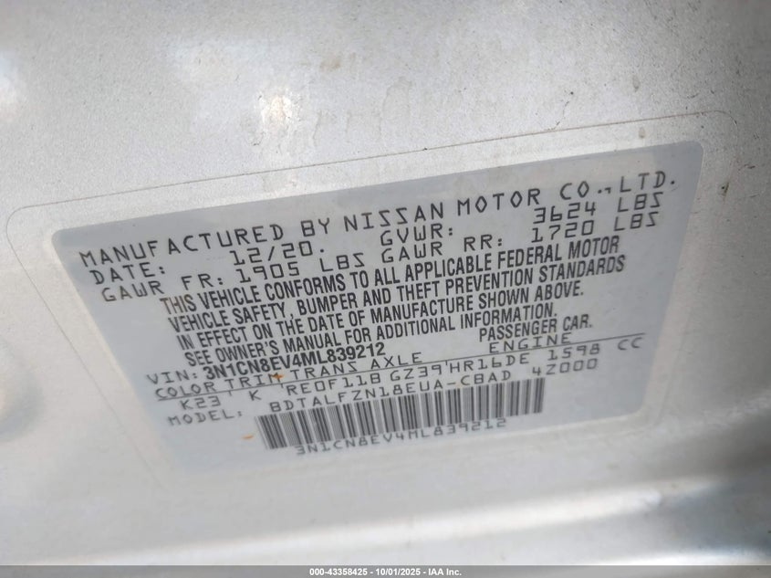 2021 NISSAN VERSA SV XTRONIC CVT - 3N1CN8EV4ML839212