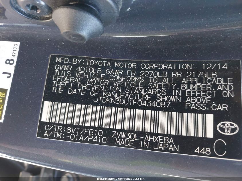 2015 Toyota Prius Two VIN: JTDKN3DU1F0434087 Lot: 43358428