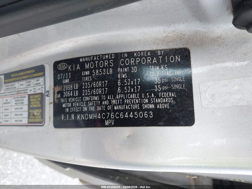 2012 Kia Sedona Ex VIN: KNDMH4C76C6445063 Lot: 43358435