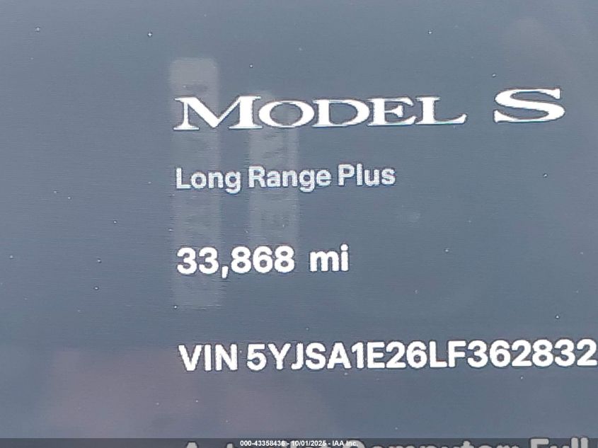 2020 Tesla Model S Long Range Dual Motor All-Wheel Drive/Long Range Plus Dual Motor All-Wheel Drive VIN: 5YJSA1E26LF362832 Lot: 43358436