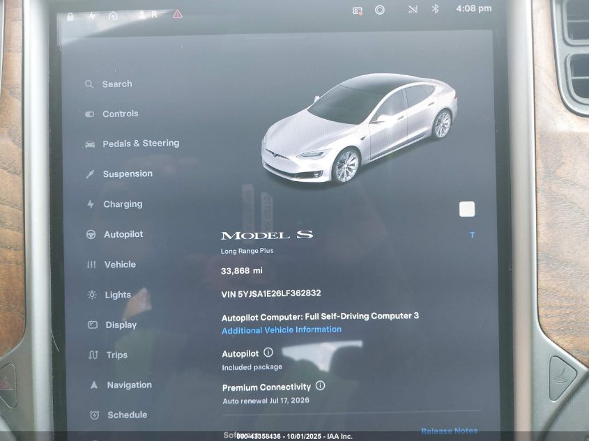 2020 Tesla Model S Long Range Dual Motor All-Wheel Drive/Long Range Plus Dual Motor All-Wheel Drive VIN: 5YJSA1E26LF362832 Lot: 43358436