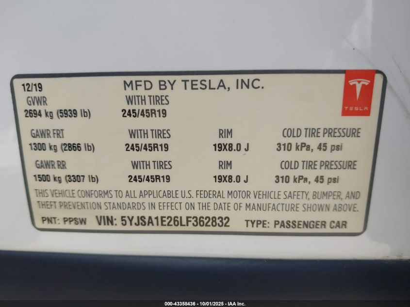 2020 Tesla Model S Long Range Dual Motor All-Wheel Drive/Long Range Plus Dual Motor All-Wheel Drive VIN: 5YJSA1E26LF362832 Lot: 43358436
