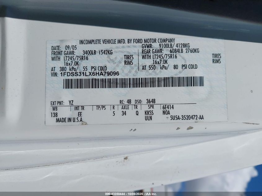 2006 Ford E-350 Super Duty Xlt VIN: 1FDSS31LX6HA79096 Lot: 43358444