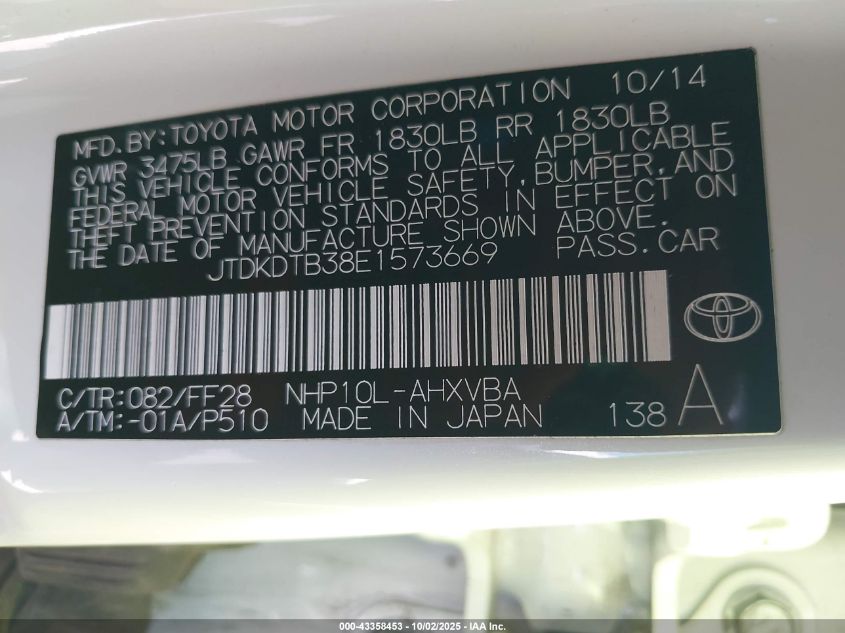 2014 Toyota Prius C Two VIN: JTDKDTB38E1573669 Lot: 43358453