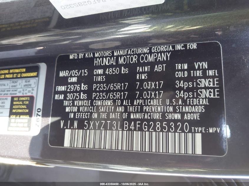 2015 Hyundai Santa Fe Sport 2.4L VIN: 5XYZT3LB4FG285320 Lot: 43358458