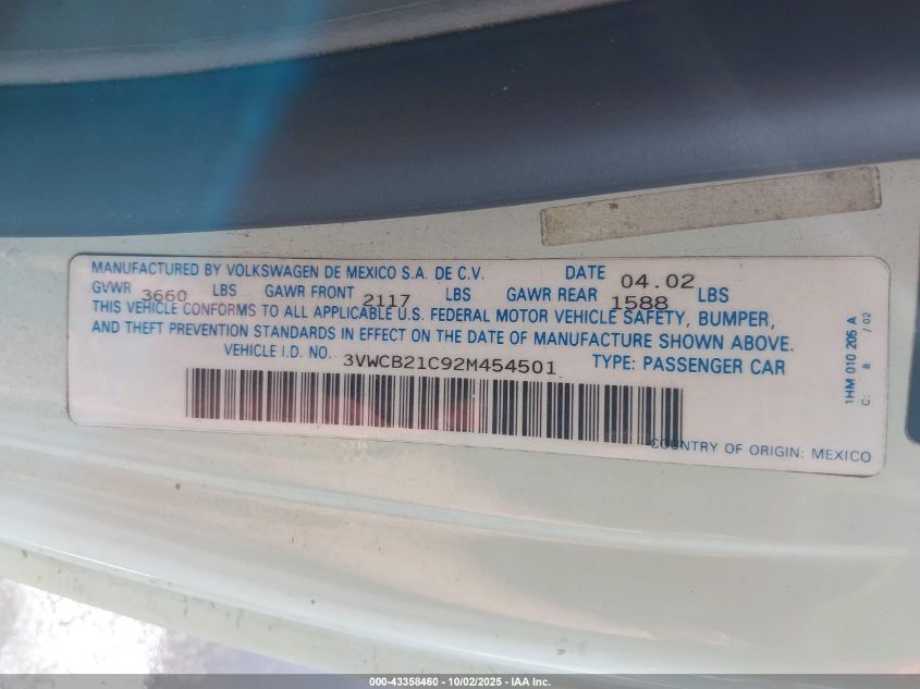 2002 Volkswagen New Beetle Gls VIN: 3VWCB21C92M454501 Lot: 43358460