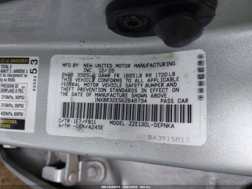 2006 Toyota Corolla Le VIN: 1NXBR32E56Z648794 Lot: 43358470