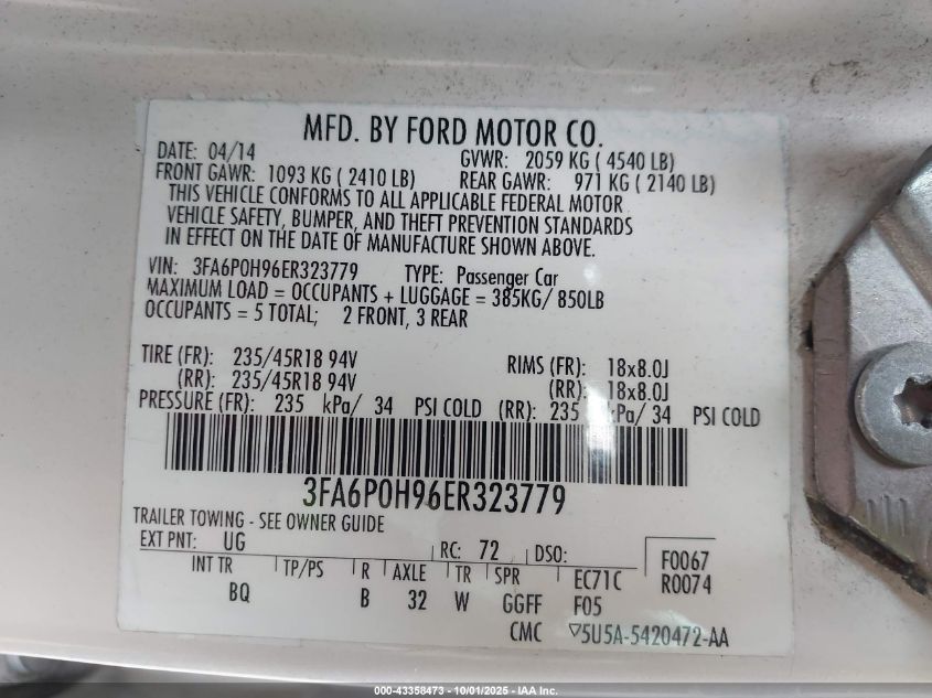 2014 Ford Fusion Se VIN: 3FA6P0H96ER323779 Lot: 43358473