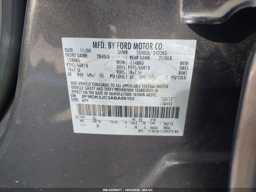 2010 Ford Edge Sel VIN: 2FMDK3JC3ABA56192 Lot: 43358477