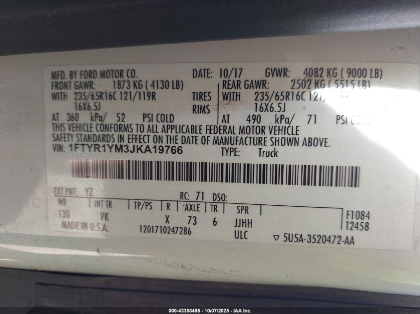 2018 Ford Transit-250 VIN: 1FTYR1YM3JKA19766 Lot: 43358486