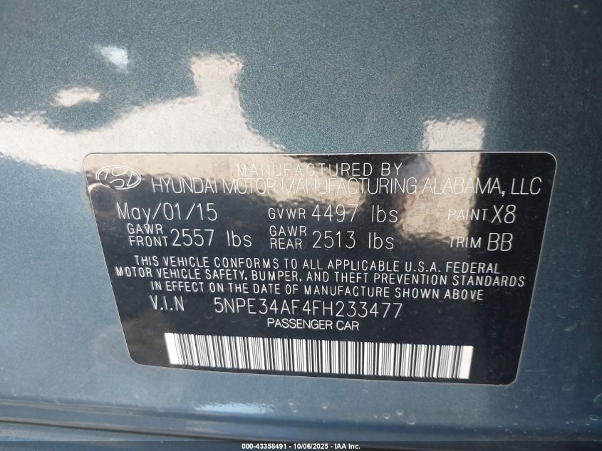 2015 Hyundai Sonata Sport VIN: 5NPE34AF4FH233477 Lot: 43358491