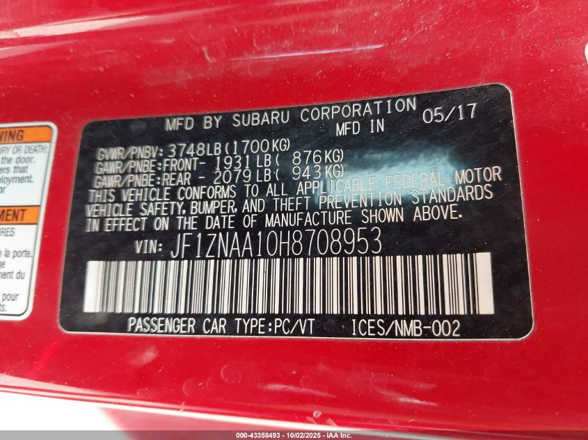 2017 Toyota 86 VIN: JF1ZNAA10H8708953 Lot: 43358493