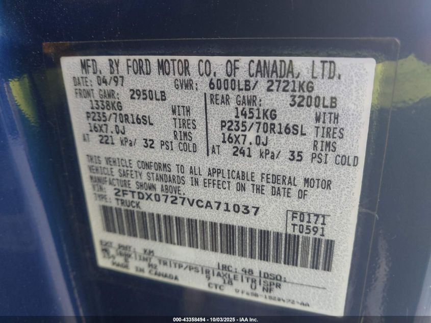 1997 Ford F-150 Xl/Xlt VIN: 2FTDX0727VCA71037 Lot: 43358494