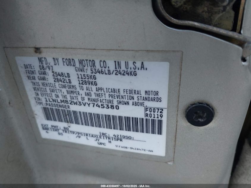 1997 Lincoln Town Car Signature VIN: 1LNLM82W3VY745380 Lot: 43358497