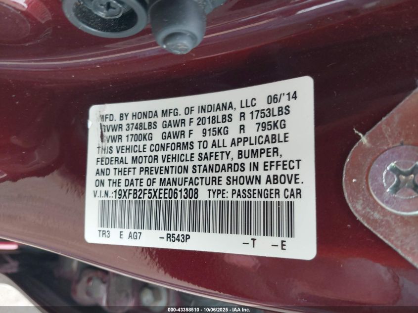 2014 Honda Civic Lx VIN: 19XFB2F5XEE061308 Lot: 43358510