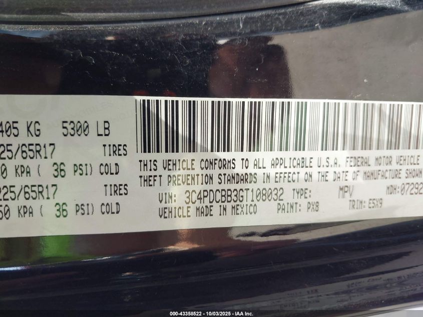 2016 Dodge Journey Sxt VIN: 3C4PDCBB3GT108032 Lot: 43358522