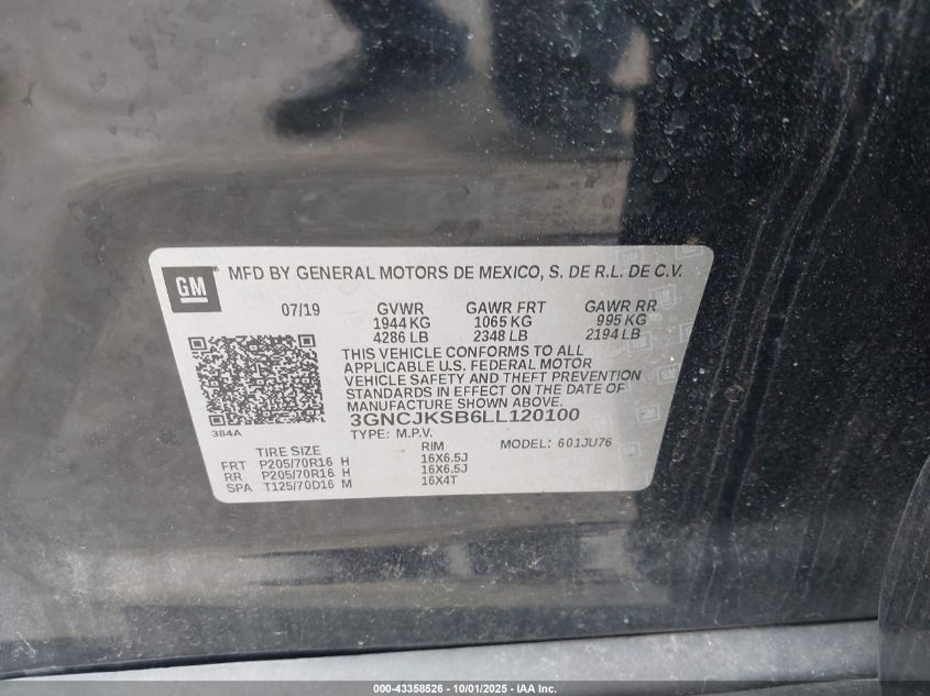 2020 Chevrolet Trax Fwd Ls VIN: 3GNCJKSB6LL120100 Lot: 43358526