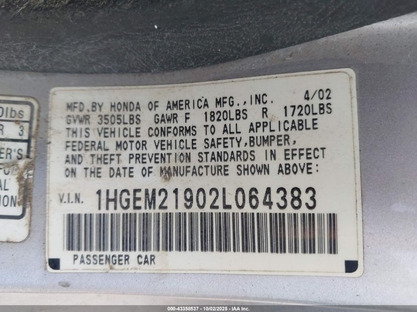 2002 Honda Civic Ex VIN: 1HGEM21902L064383 Lot: 43358537