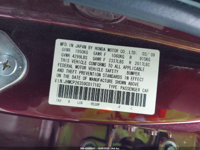 2009 Honda Accord 2.4 Lx VIN: JHMCP26359C017182 Lot: 43358543