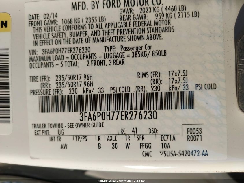 2014 Ford Fusion Se VIN: 3FA6P0H77ER276230 Lot: 43358546