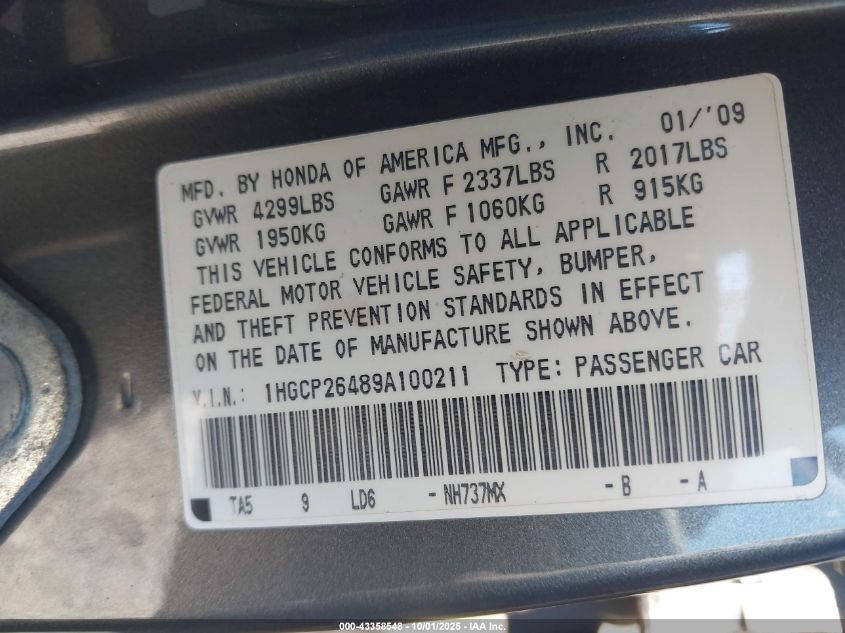 2009 Honda Accord 2.4 Lx-P VIN: 1HGCP26489A100211 Lot: 43358548