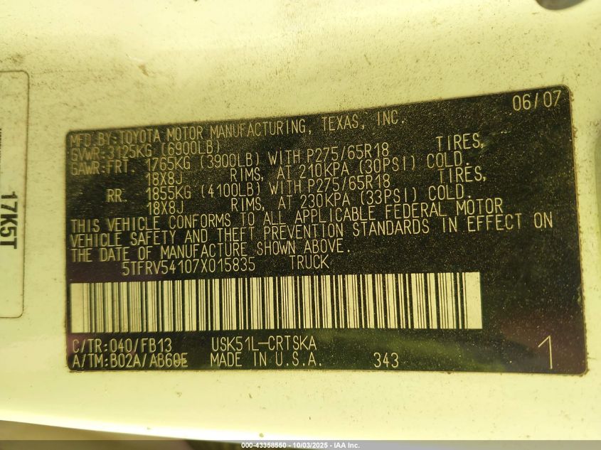2007 Toyota Tundra Sr5 V8 VIN: 5TFRV54107X015835 Lot: 43358550