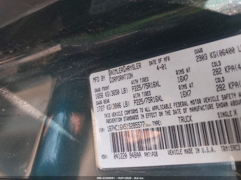 2001 Dodge Ram 1500 St/Ws VIN: 1B7HC16X51S285577 Lot: 43358551