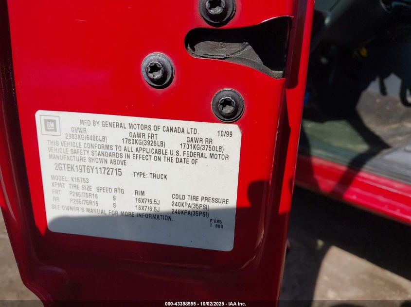 2000 GMC Sierra 1500 Sle VIN: 2GTEK19T6Y1172715 Lot: 43358555