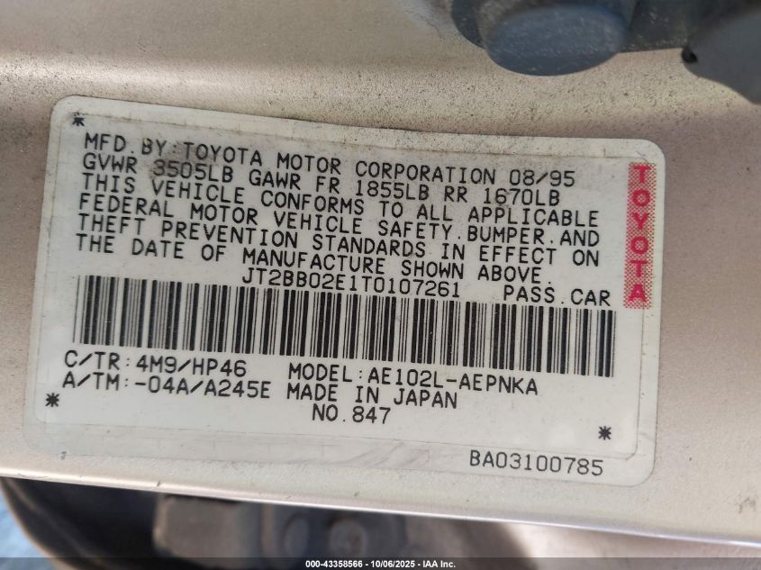 1996 Toyota Corolla Dx VIN: JT2BB02E1T0107261 Lot: 43358566