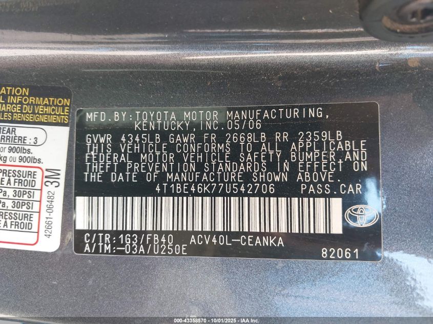 2007 Toyota Camry Le VIN: 4T1BE46K77U542706 Lot: 43358570